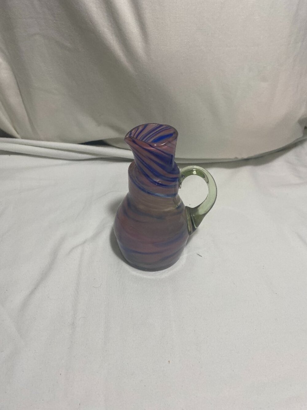 Vintage Hand Blown Art Glass Mini Pitcher Vase Purple Blue Swirl Applied Handle